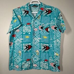David Harrison Mens Vintage Tropical Fish Print Button Down Shirt Turquoise L